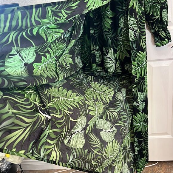 Shein XL Tropical Palm Short Romper Flowing Dress On Off Shoulder Elastic Chest - Picture 2 of 8